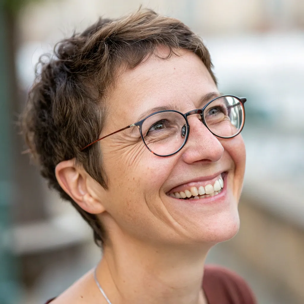 Woman with short hair and glasses smiling